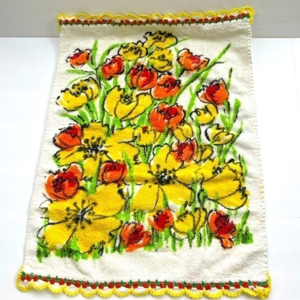 Yellow floral‎ crochet trim hand towel